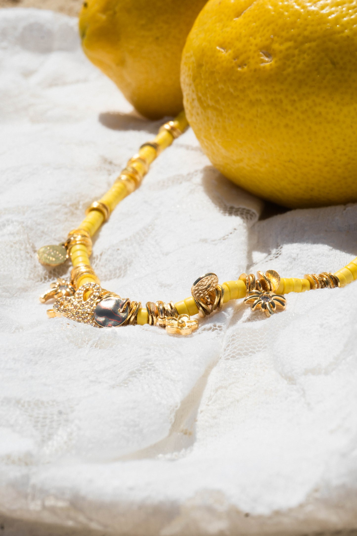 SOLEA YELLOW JASPE BEADS AND GOLD-PLATED CHARMS NECKLACE