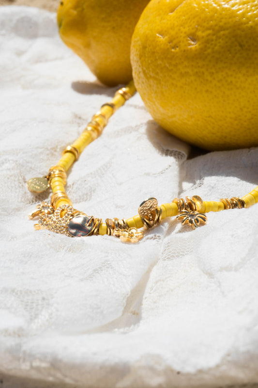 SOLEA YELLOW JASPE BEADS AND GOLD-PLATED CHARMS NECKLACE