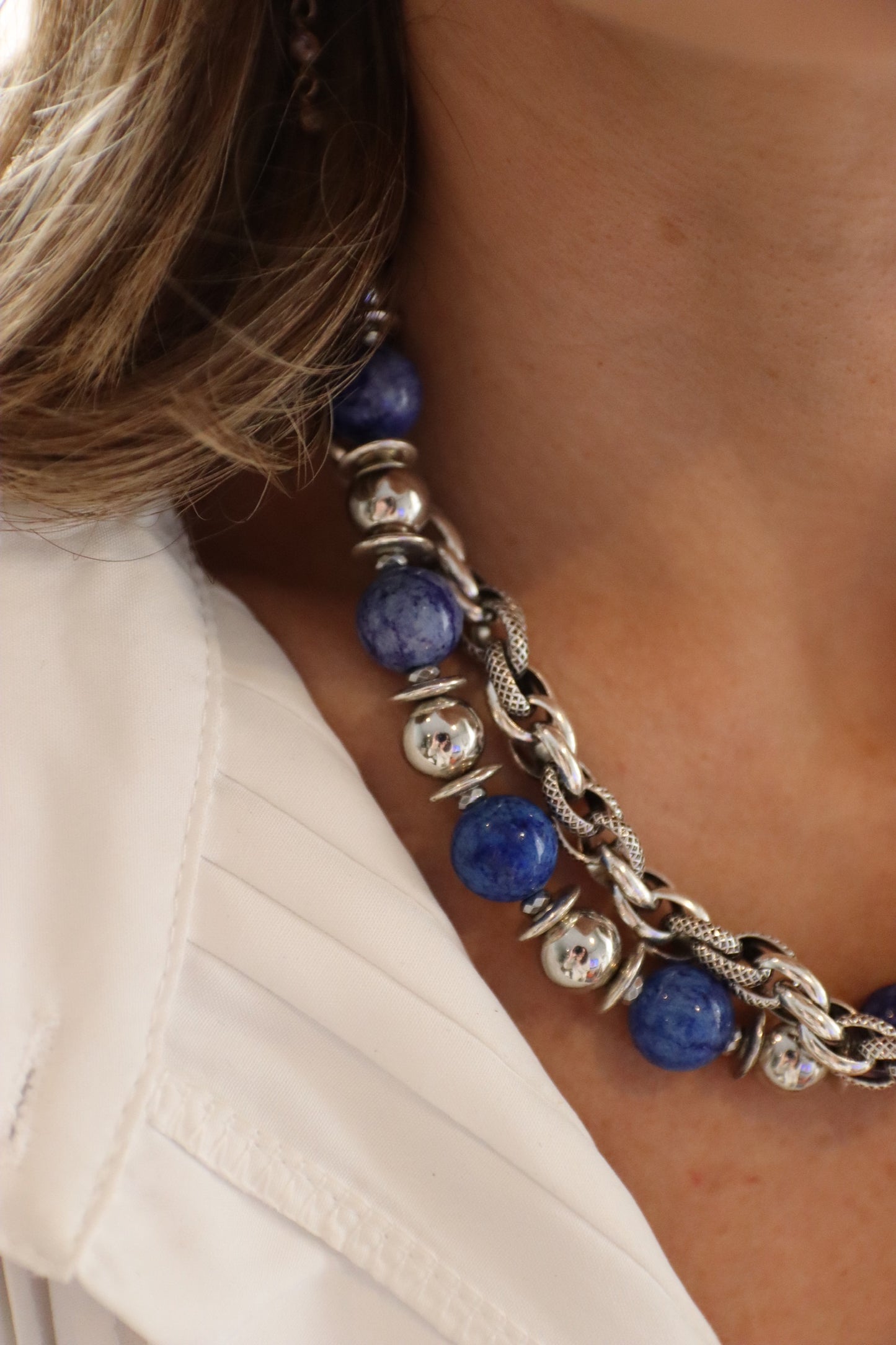 ASTER blue azurite stones and gold plated double row necklace