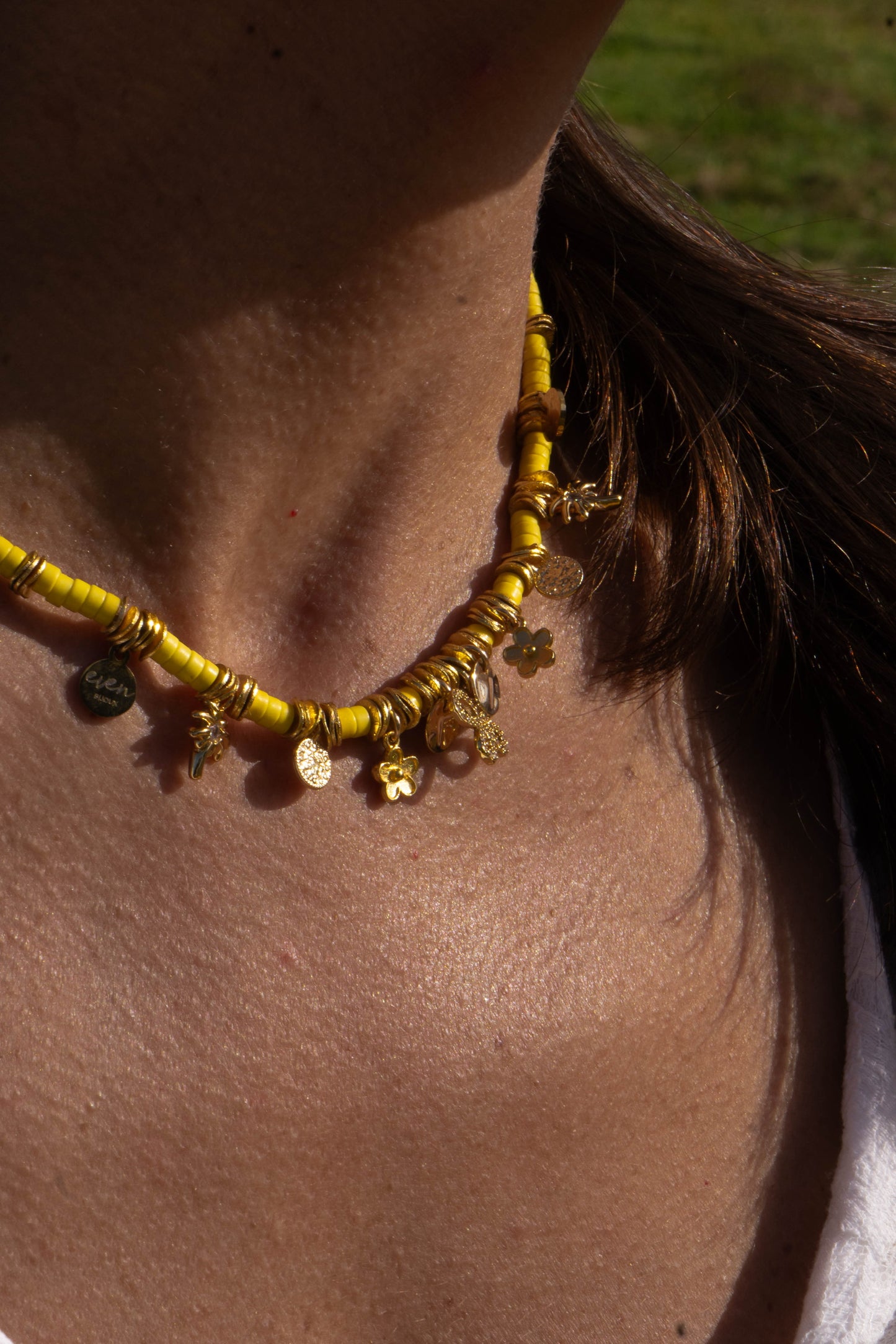 SOLEA YELLOW JASPE BEADS AND GOLD-PLATED CHARMS NECKLACE