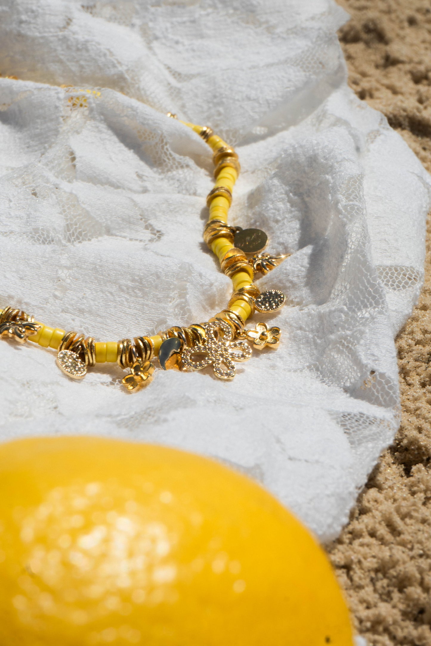 SOLEA YELLOW JASPE BEADS AND GOLD-PLATED CHARMS NECKLACE