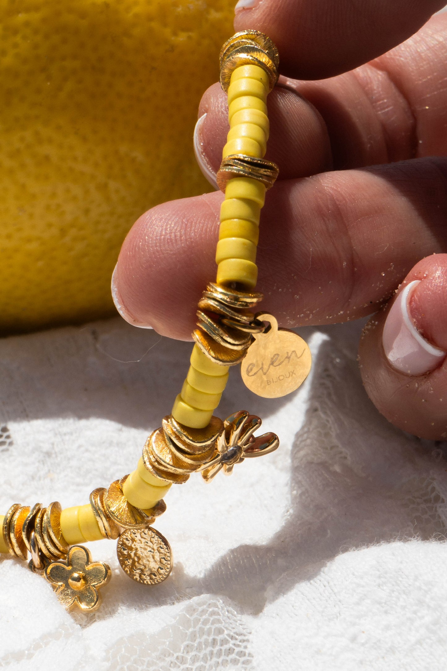 SOLEA YELLOW JASPE BEADS AND GOLD-PLATED CHARMS NECKLACE