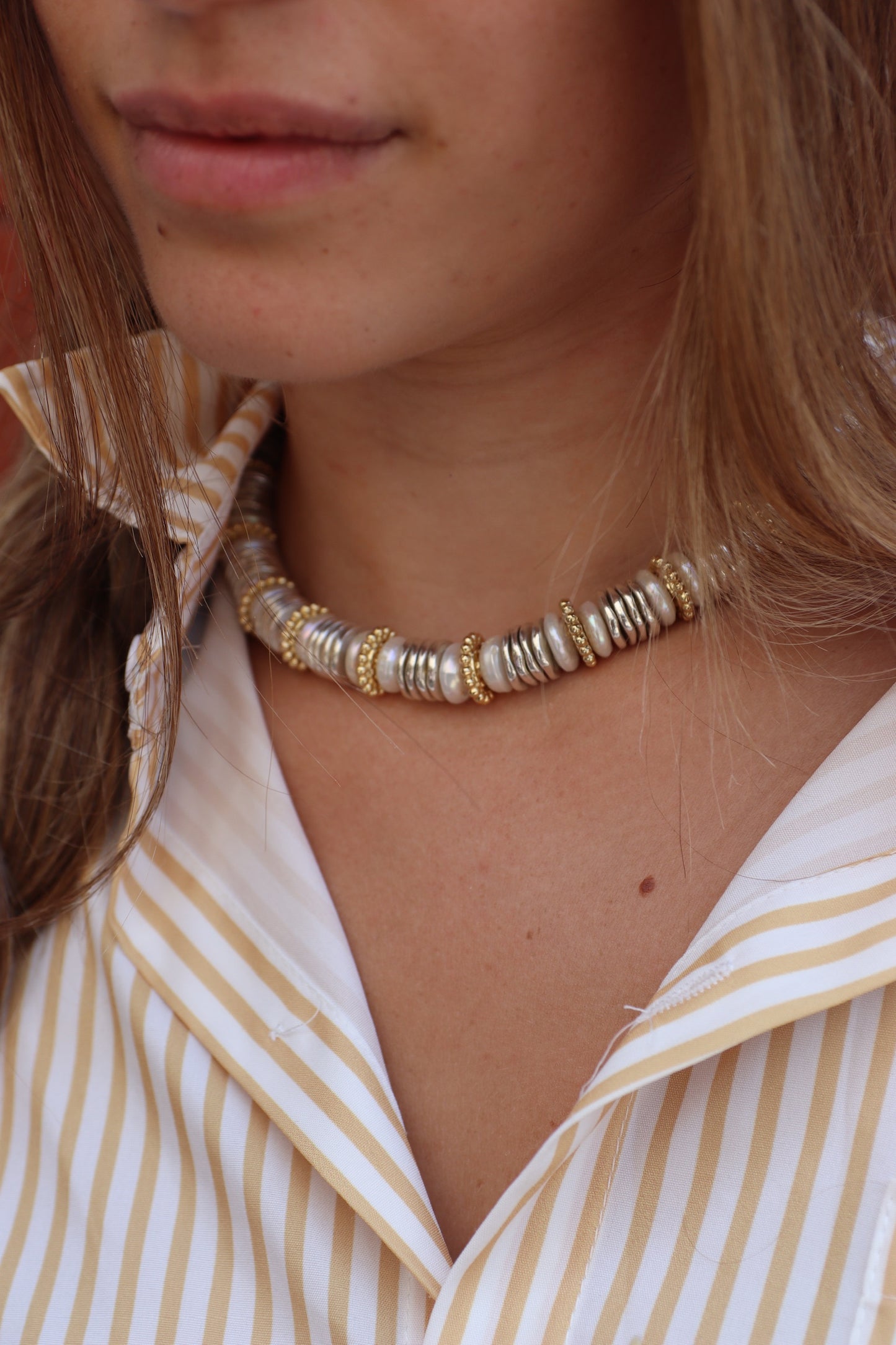 SCARLETT gold and silver plated beads with cultured pearls choker