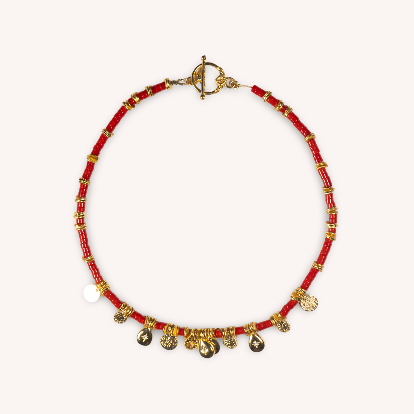 MISS red coral stone beads and gold-plated charms necklace
