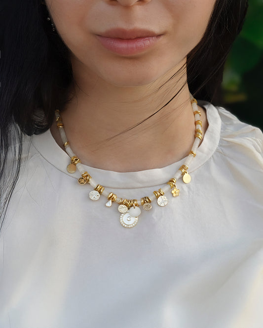 APHRODITA white quartz stone and gold-plated charms necklace