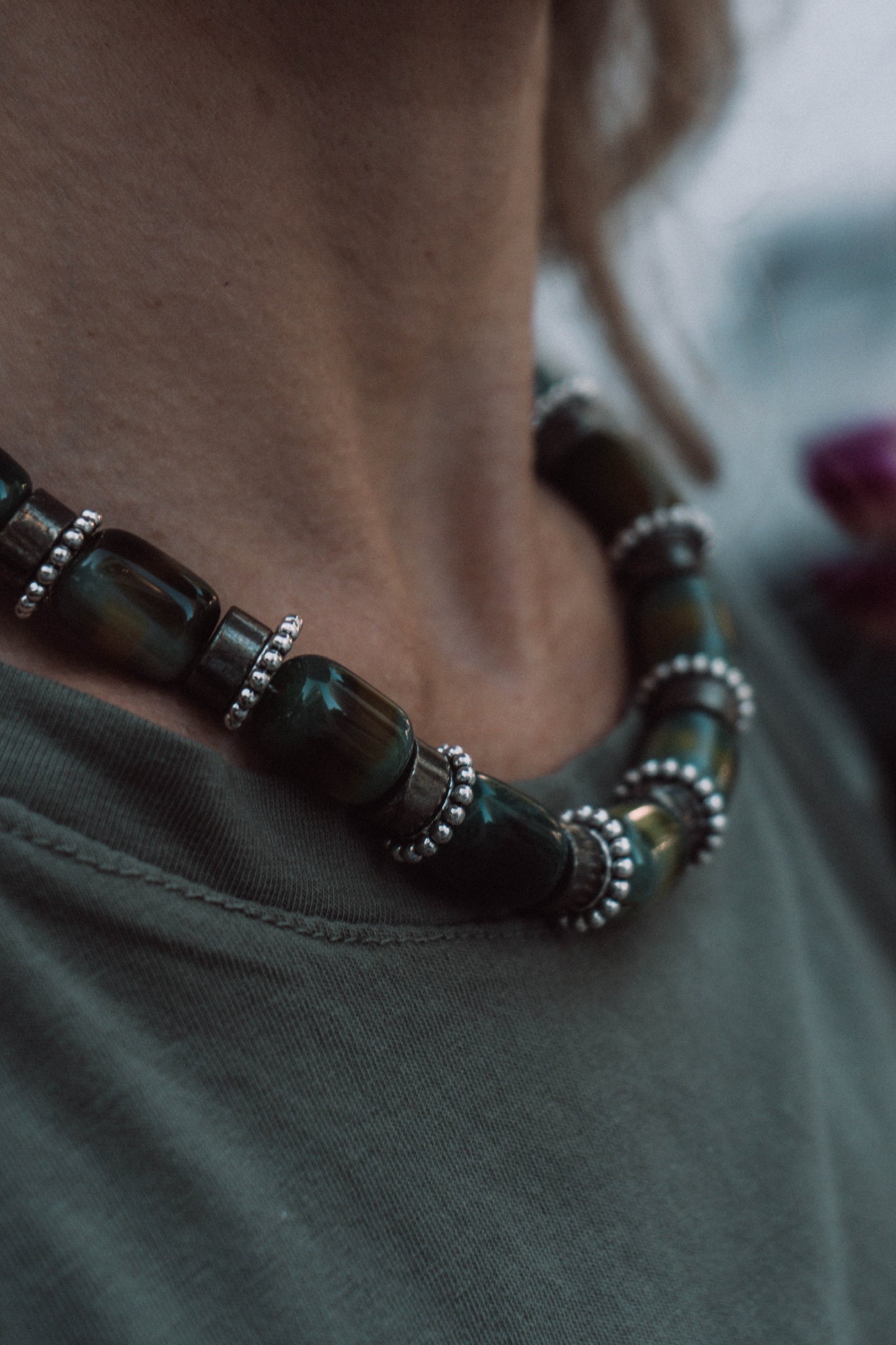 Forest deep green agate beads necklace