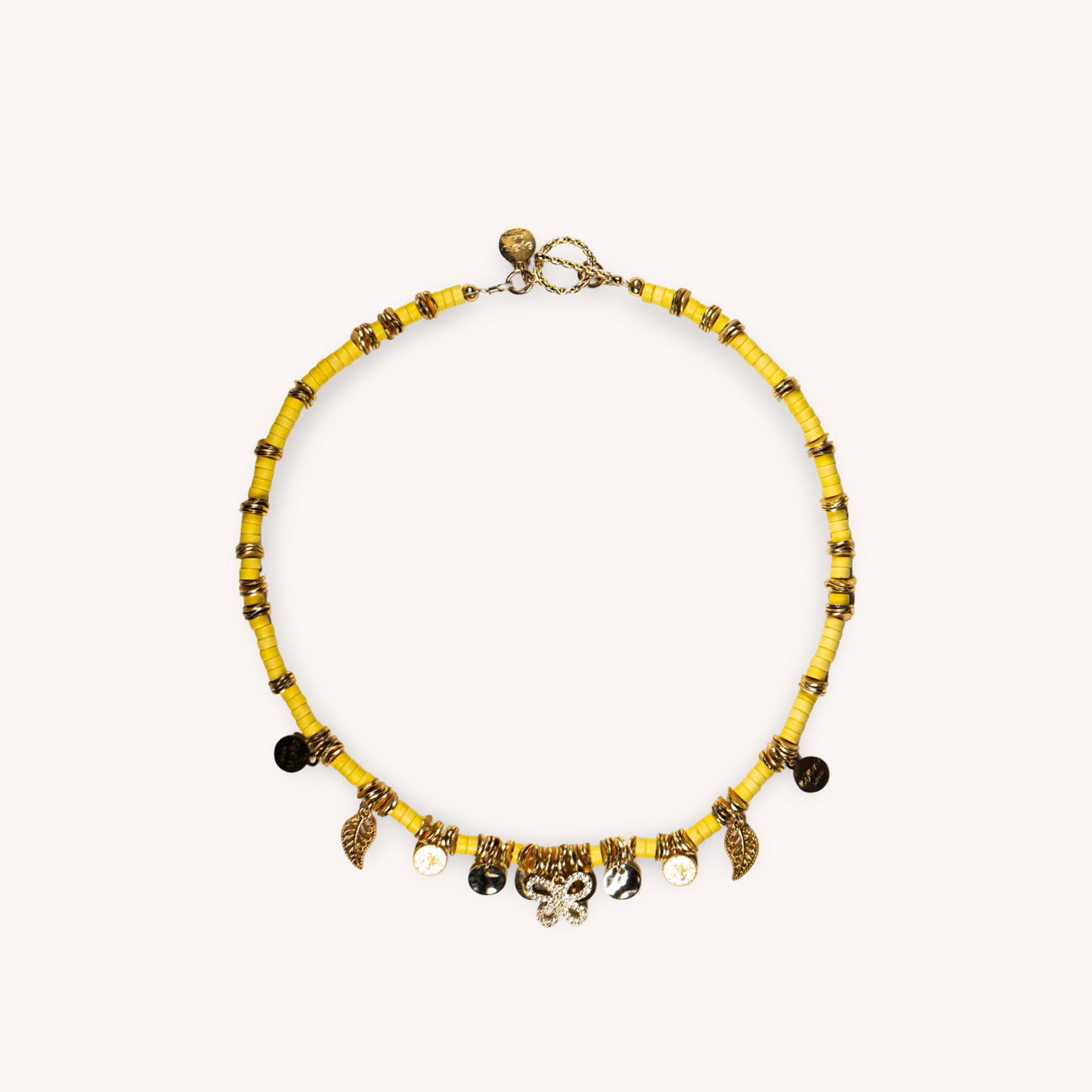 SOLEA YELLOW JASPE BEADS AND GOLD-PLATED CHARMS NECKLACE