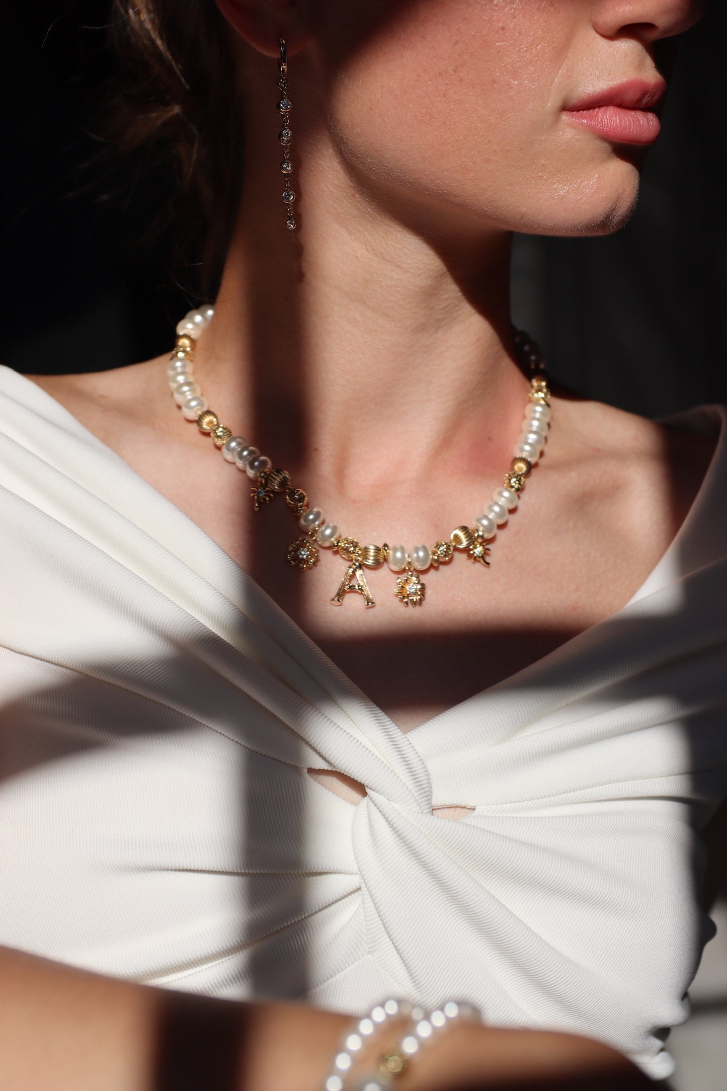 WHITE PEARL MONOGRAM CHARM NECKLACE
