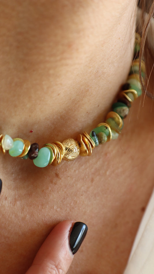 DANIT green jade chip stones and gold-plated necklace
