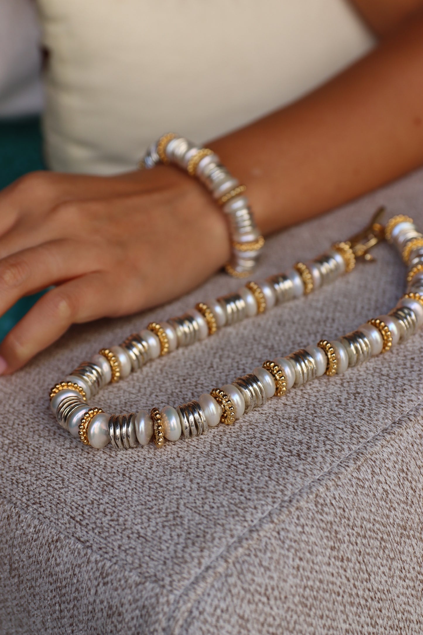 SCARLETT gold and silver plated beads with cultured pearls choker